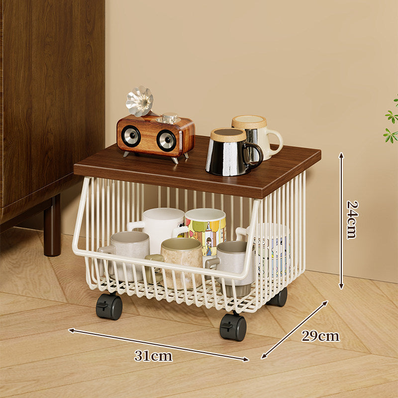 Mobile Four-Tier Kitchen Pantry Organizer Cart with Wood Top and Rolling Wire Baskets