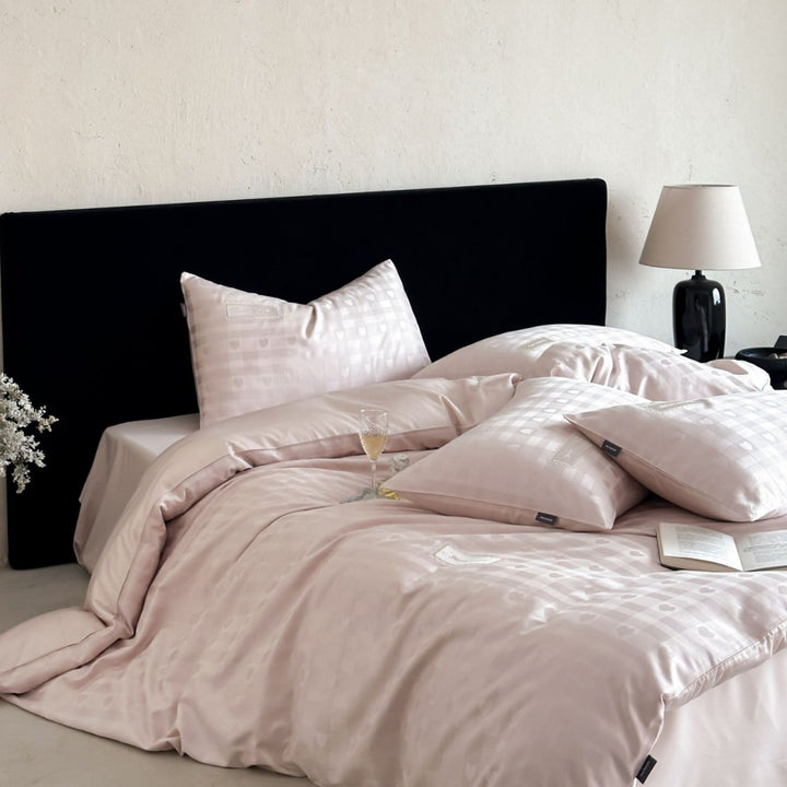 Premium cotton satin bedding set with jacquard check and heart motif