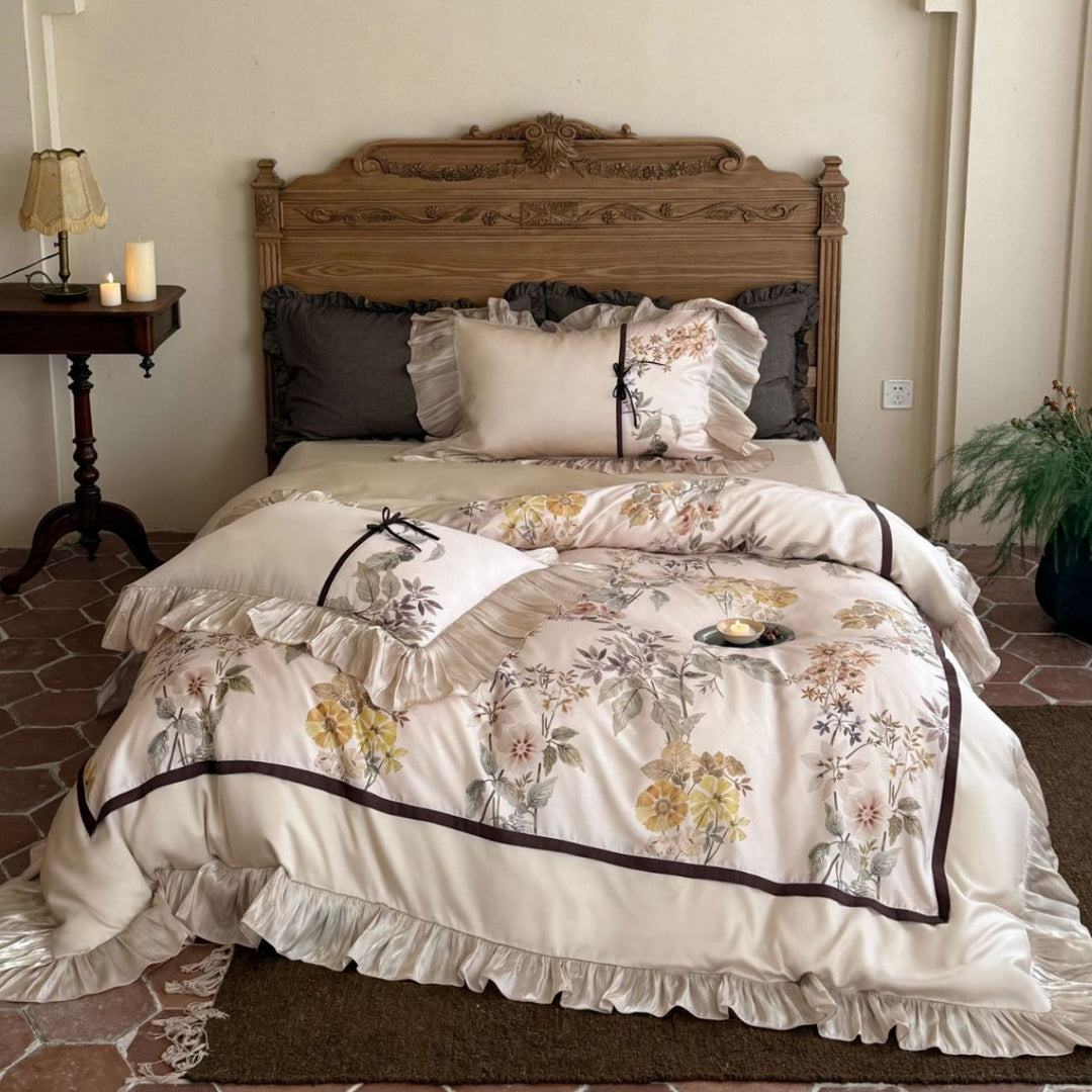Romantic satin bedding set with ruffles, floral embroidery and reversible function