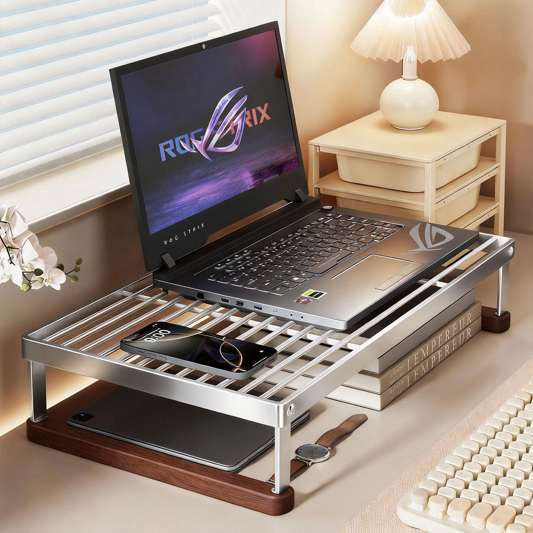 Ventilated Metal Grid Laptop & Monitor Riser with Under-Storage Shelf