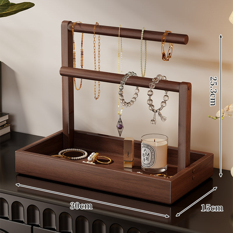 Tiered Wooden Jewelry and Watch Organizer with Tray and Hanging Rods