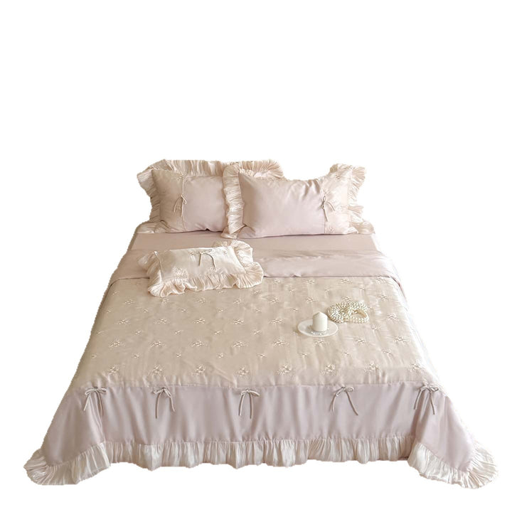 Satin-Duvet Cover Set with silky shiny finish, floral embroidery & ruffled trim
