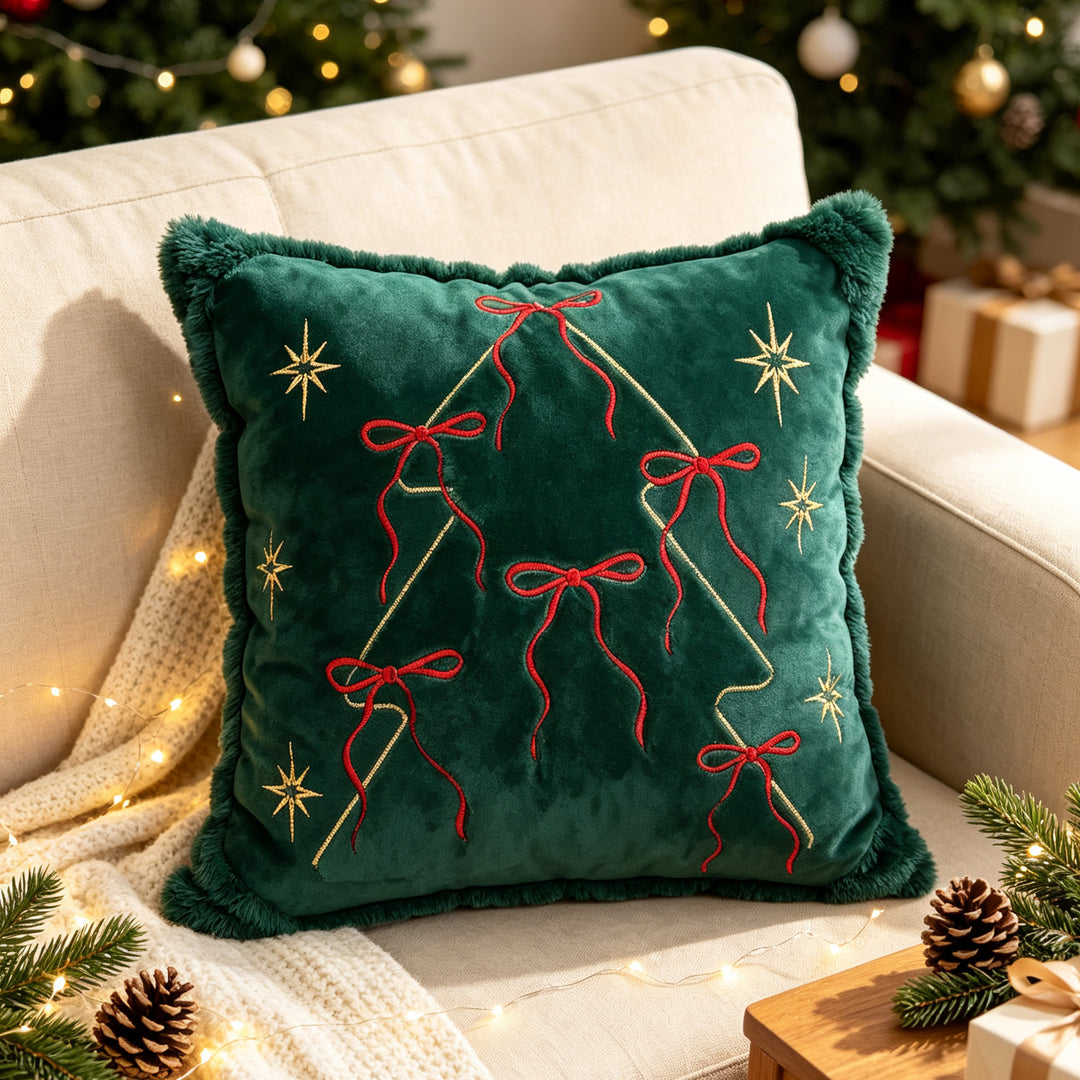 Luxury Embroidered Velvet Holiday Throw Pillow with Faux-Fur Fringe