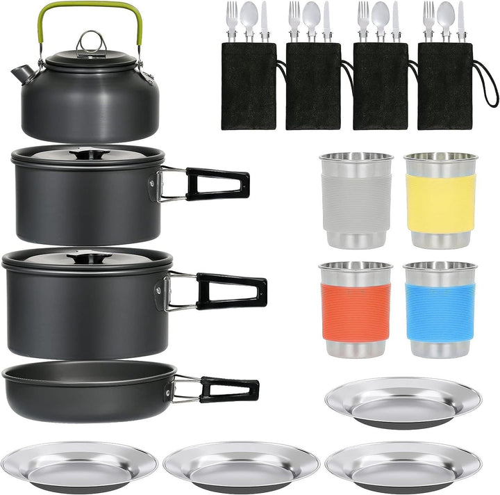 compact nesting anodized aluminum camping cookware kit with kettle nonstick pots frying pan foldable wash basin stainless steel plates cups Kalsten