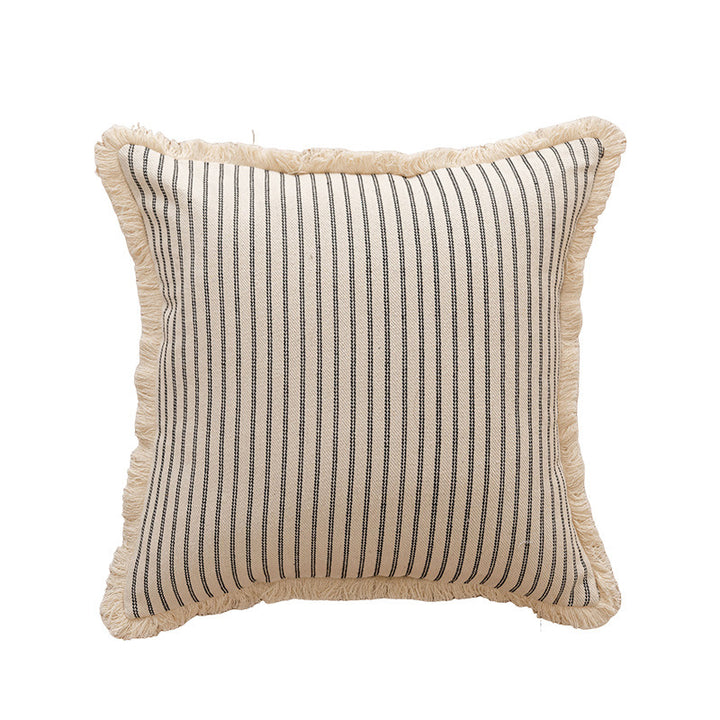 Square Striped Canvas Throw Pillow with Natural Fringe Trim