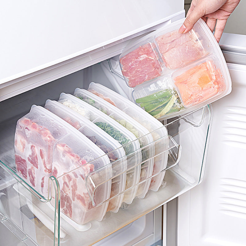 Three-piece fresh-keeping container made of clear plastic with an airtight silicone lid and separating compartments