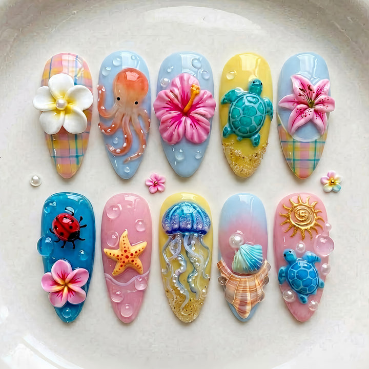Tropical Ocean-Inspired Press-On Nail Art Set