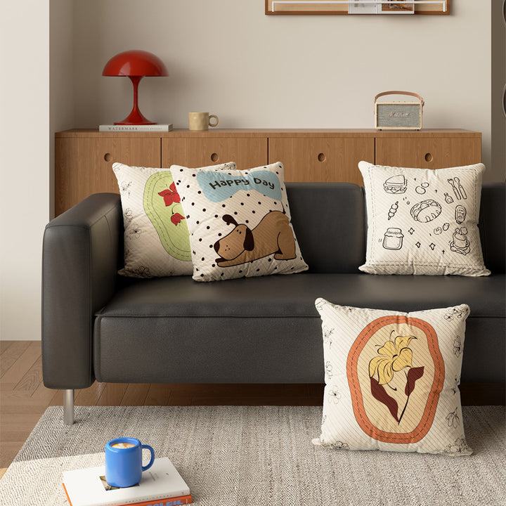 Decorative Square Cotton-Linen Throw Pillow Cover with Quilted Botanical Medallion