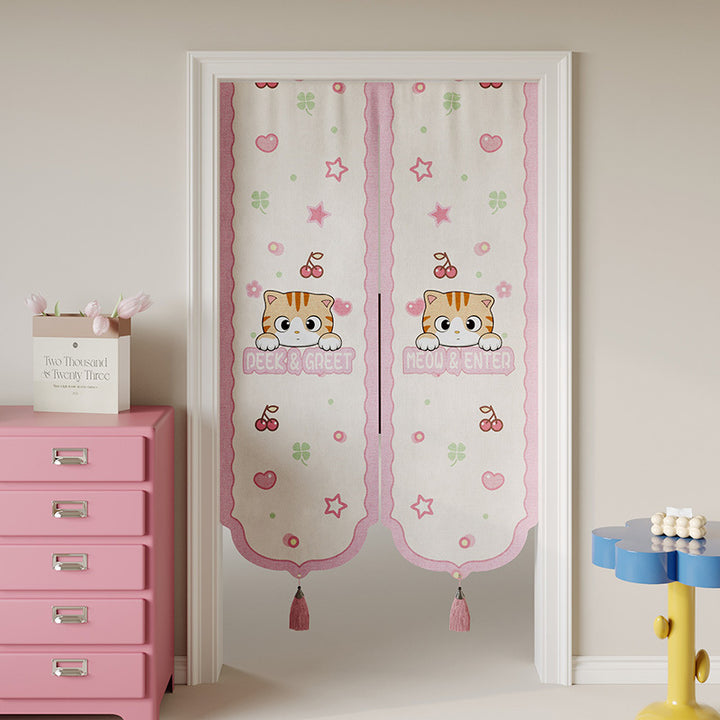 Kids Decorative Split Doorway Noren Curtain with Tassels and Cartoon Floral Lion Print