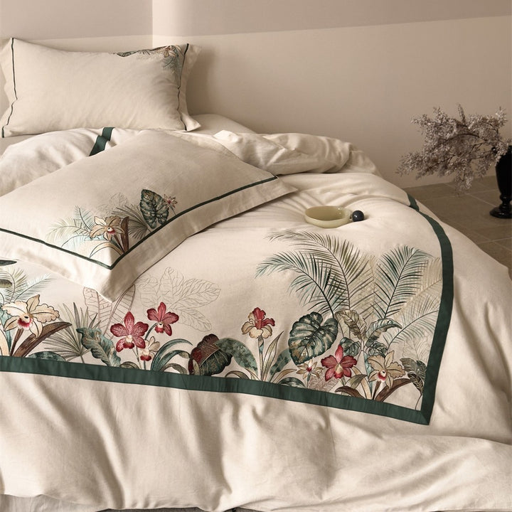 Bedding set with exotic landscape print and cotton-linen blend