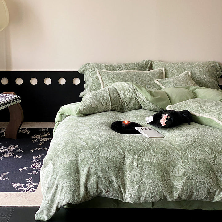 Jacquard bedding set with leaf relief, light quilting, and soft finish