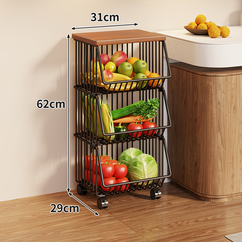 Compact Triple-Tier Rolling Wire Vegetable and Fruit Storage Cart with Wooden Top