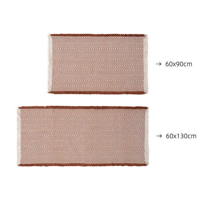 Woven runner and door mat set with herringbone structure and decorative fringes