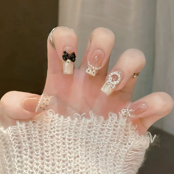 Decorative Press-On Nails with Bow and Rhinestone Accents
