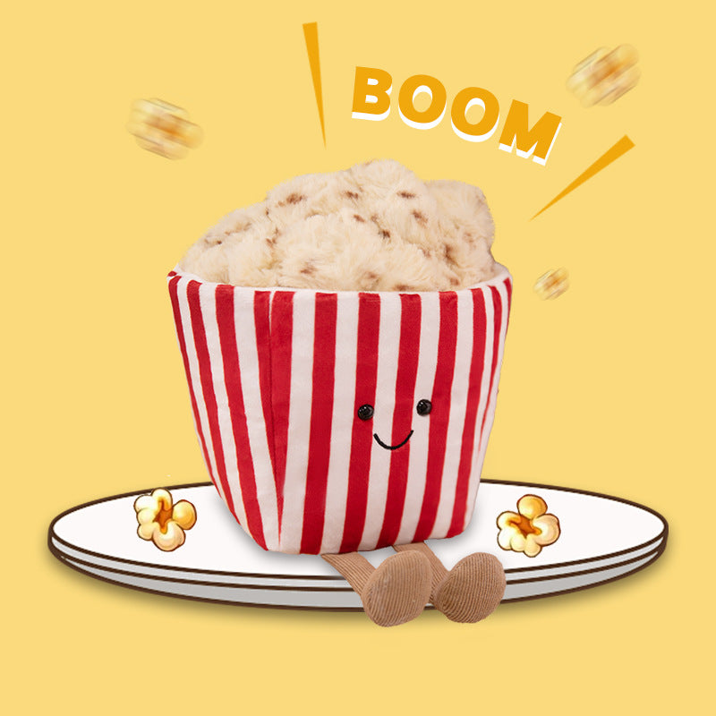 Kawaii Popcorn Box Plush Toy with Fuzzy Popcorn Top and Dangling Knit Legs Kalsten