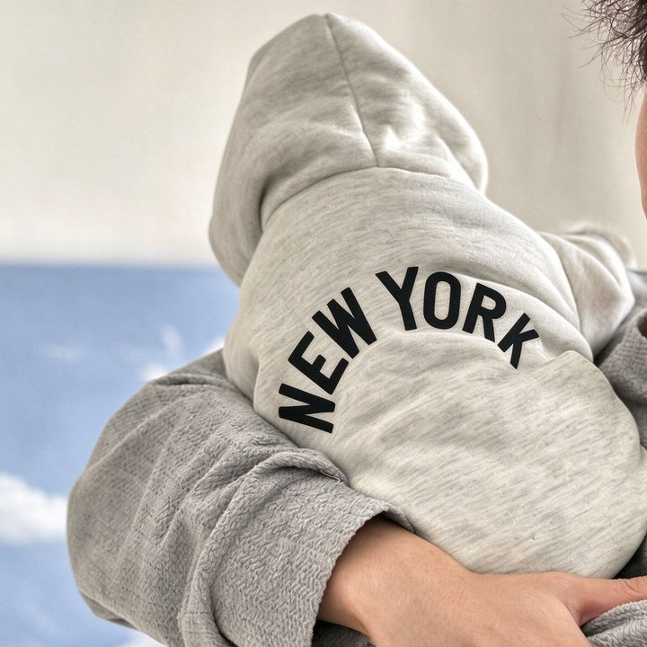 Pullover Fleece-Lined Dog Hoodie with New York Graphic and Ribbed Hem