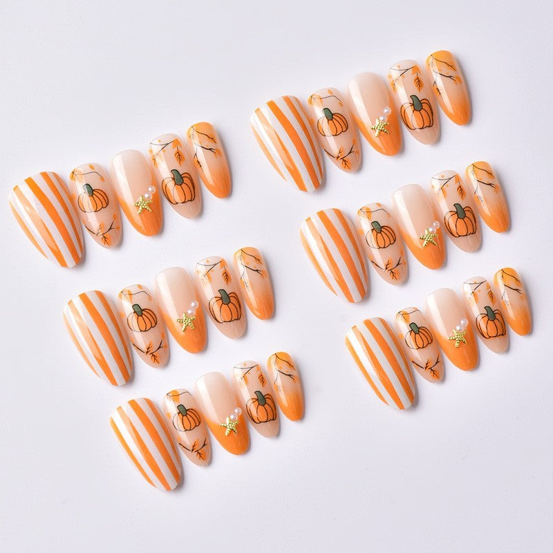 Artificial Nail Set with Autumn Pumpkin and Leaf Designs Kalsten