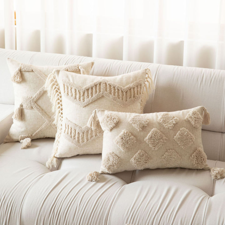 Square Tufted Diamond Macramé Accent Pillow with Knotted Tassel Corners and Removable Zip Cover