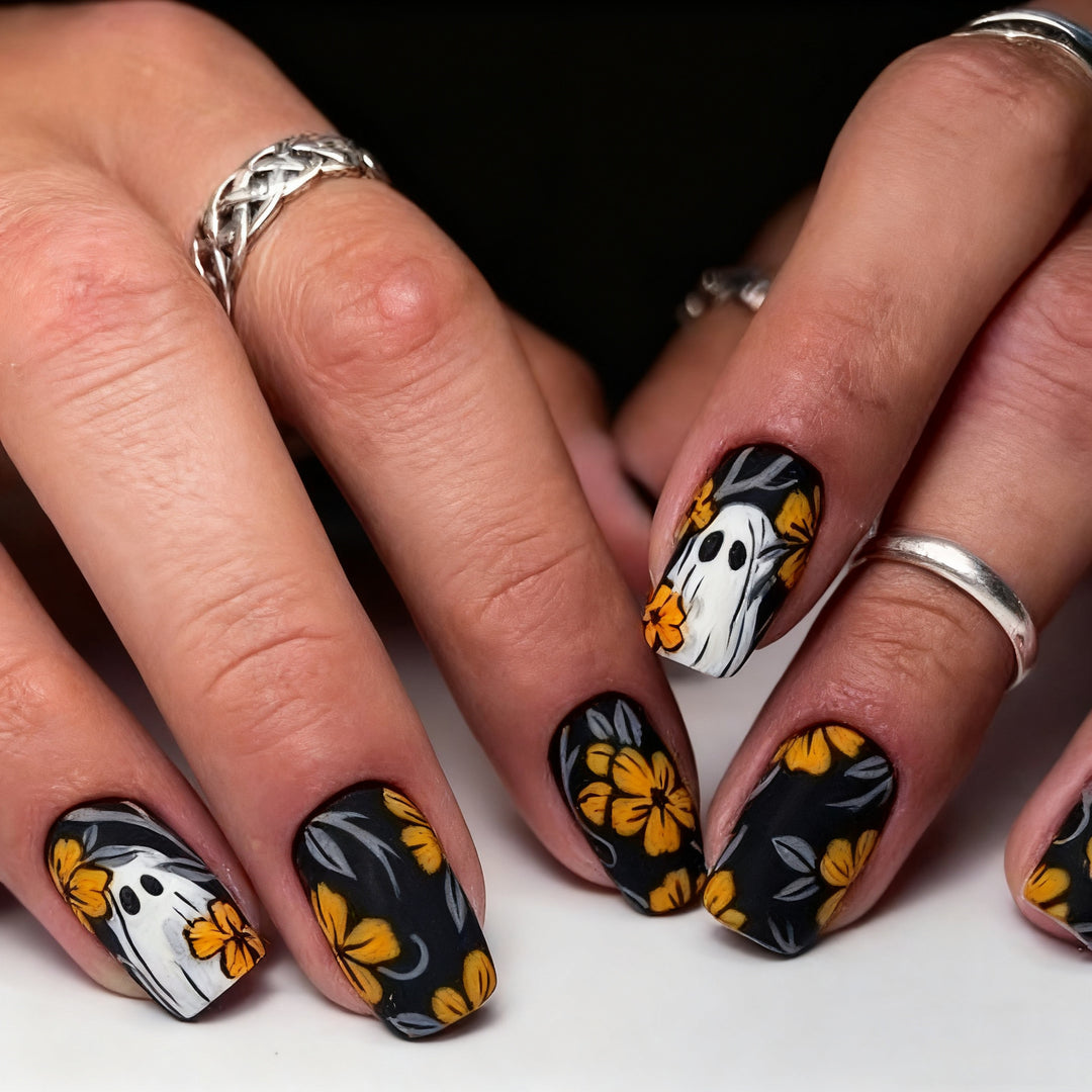 Artistic Floral Ghost-Themed Nail Art Enhancements Kalsten