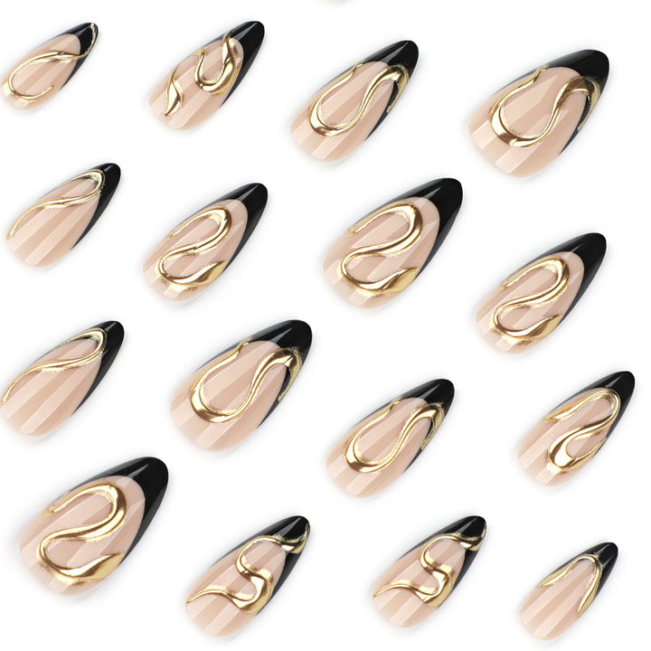 Artful stiletto nails with elegant gold design Kalsten