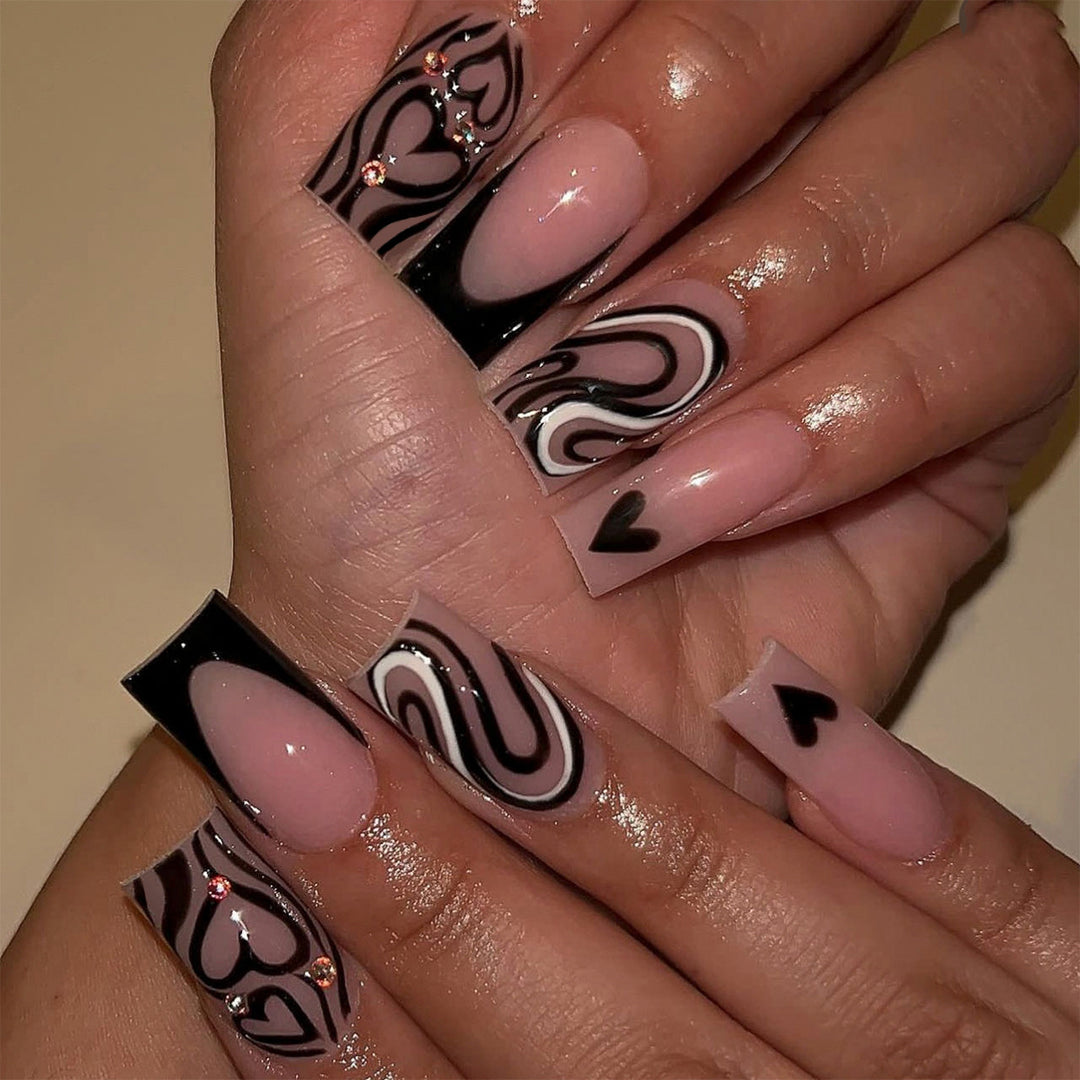Artful Nail Extensions with Creative Heart and Wave Pattern Kalsten