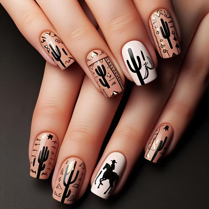 Artificial nail design with geometric desert motif Kalsten