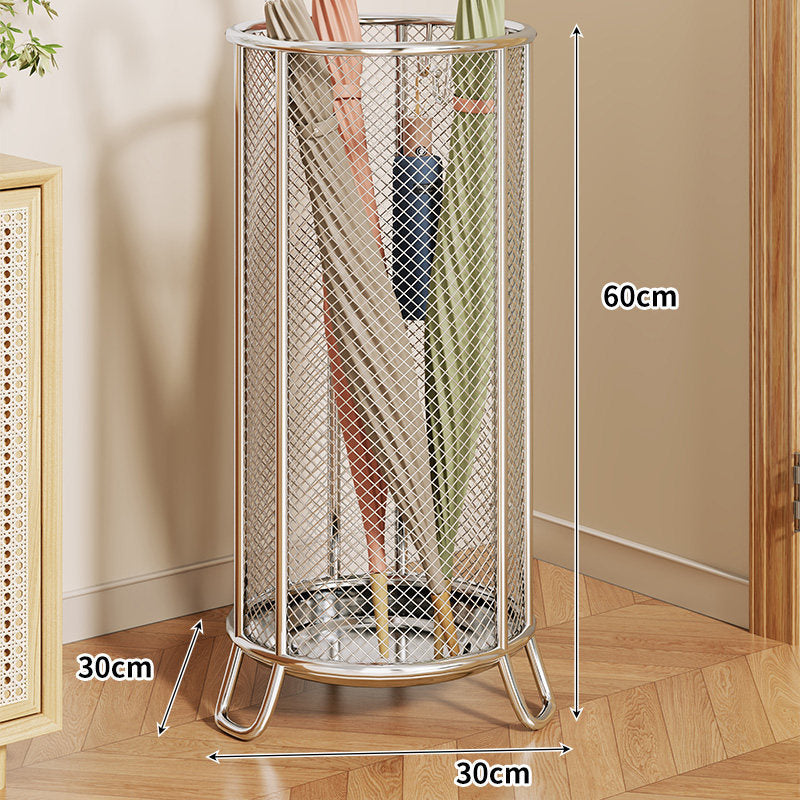 Cylindrical Mesh Umbrella Stand with Elevated Legs and Drain Tray