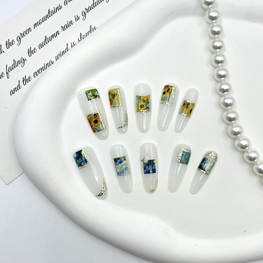 Artistic Press-On Nail Set with Floral and Scenic Designs