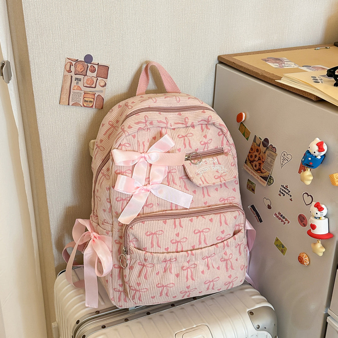 Playful Bow-Embellished Corduroy Backpack Kalsten