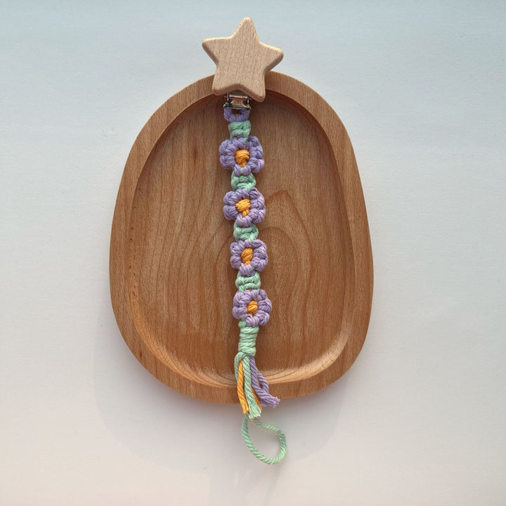Cotton Crochet Floral Pacifier and Teether Clip with Wooden Heart Safety Clip