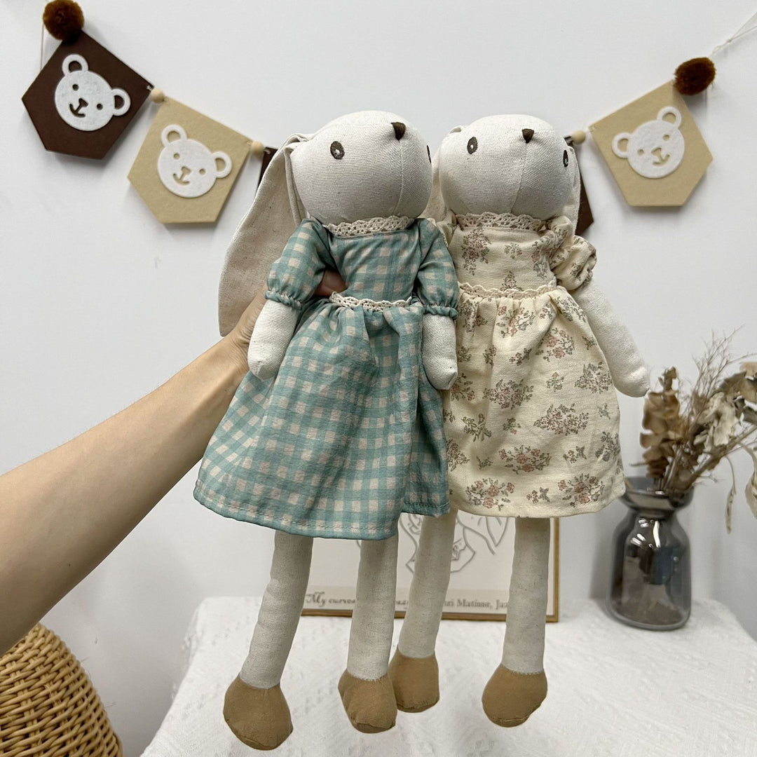 Handcrafted Linen Bunny Rag Doll with Long Ears and Gingham Dress