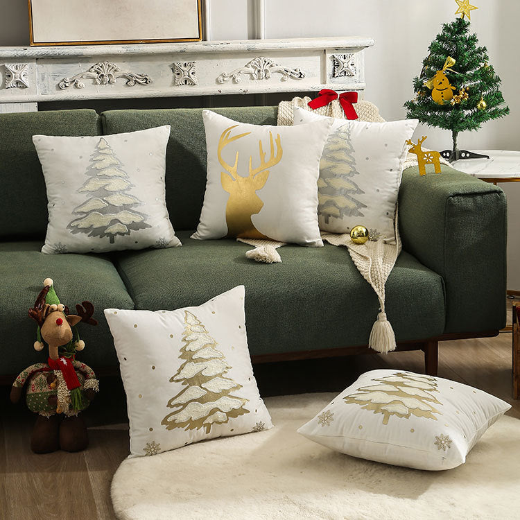 Velvet Embroidered Festive Accent Pillow Cover with Metallic Script