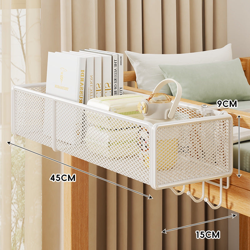 Clamp-On Mesh Bedside Rail Organizer Shelf with Multi Hooks