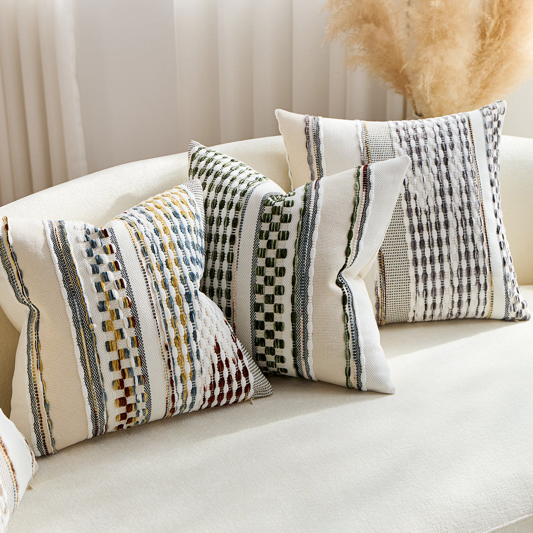Handwoven Textured Square Throw Pillow Cover with Tufted Loop Stripes