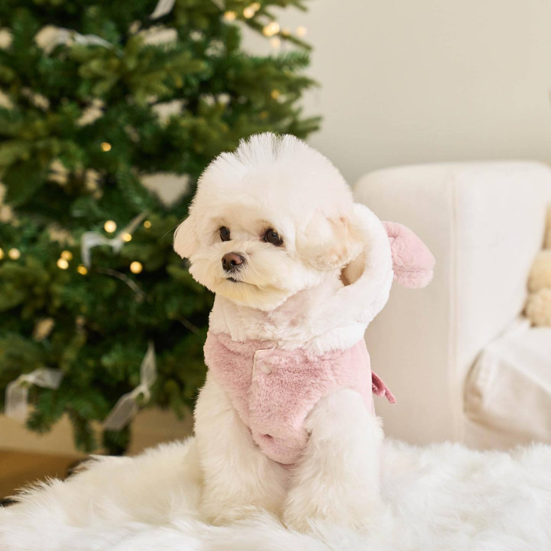 Plush Hooded Dog Jacket with Decorative Ears and Back D-Ring
