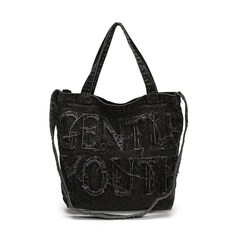 Distressed Denim Graphic Tote Bag