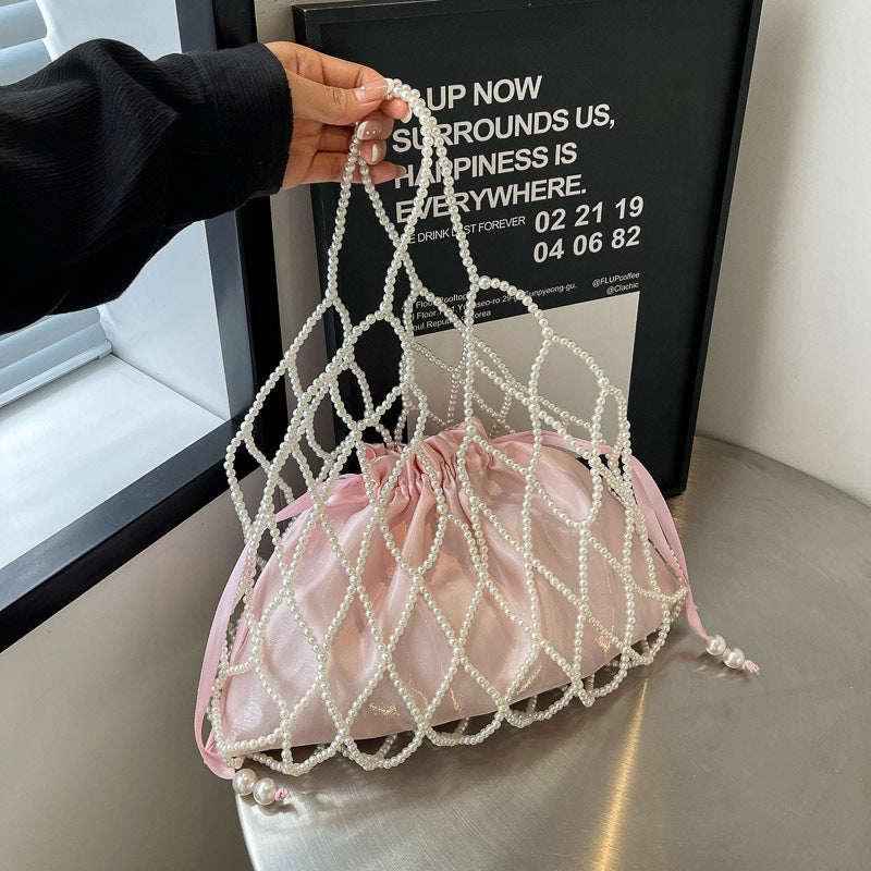 Pearl-Embellished Drawstring Evening Purse