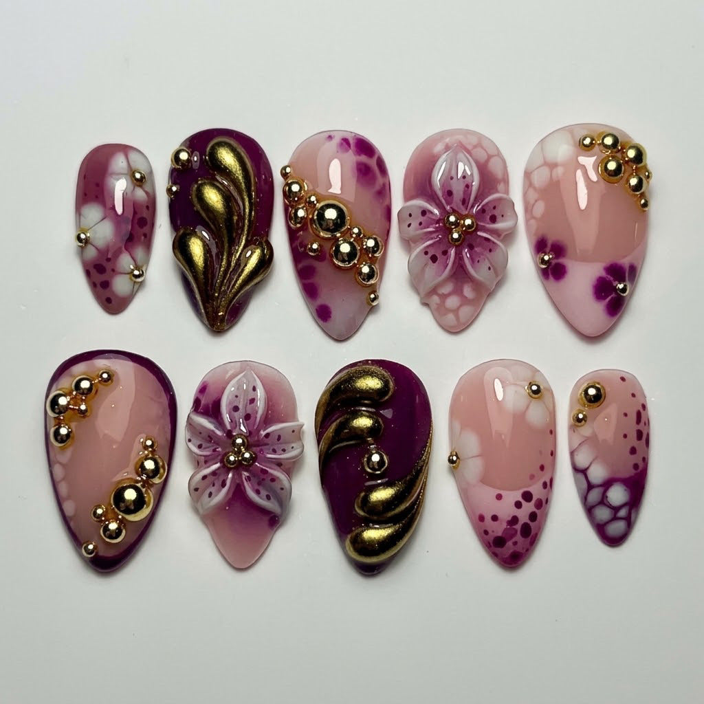 Artistic Floral Embellished Press-On Nails