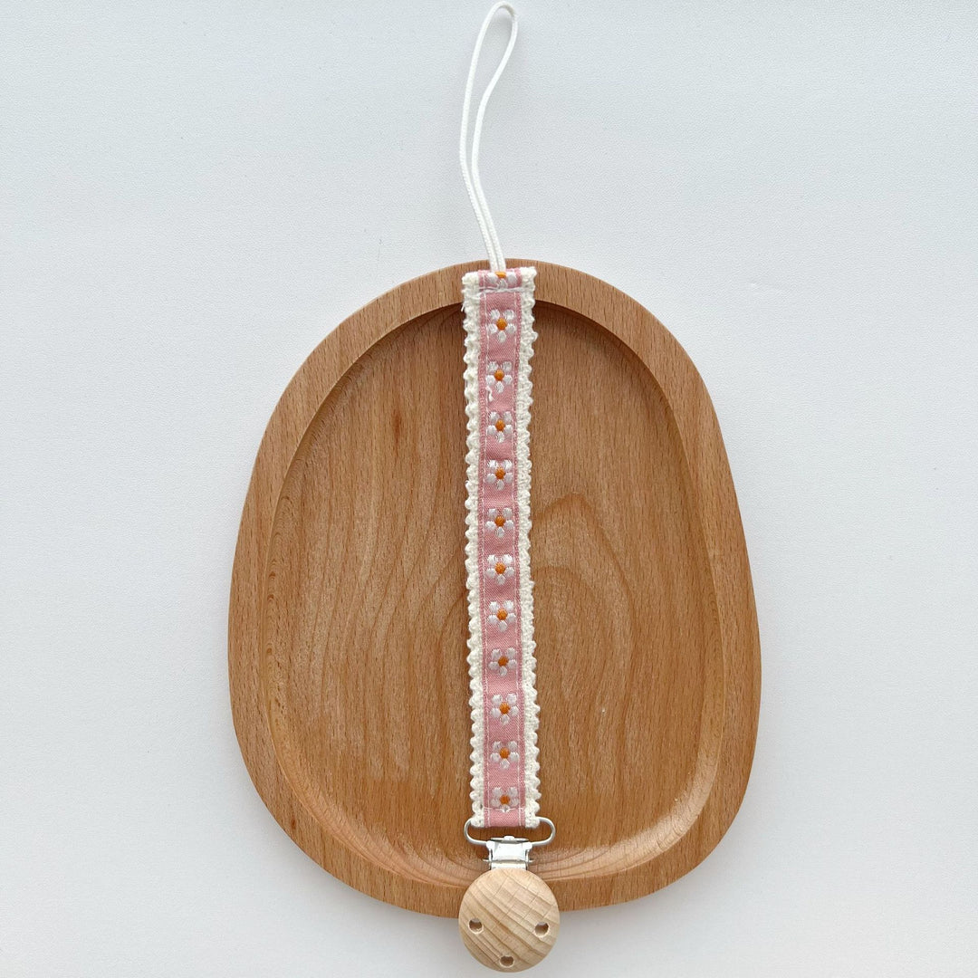 Floral Embroidered Lace Pacifier and Teether Wooden Clip