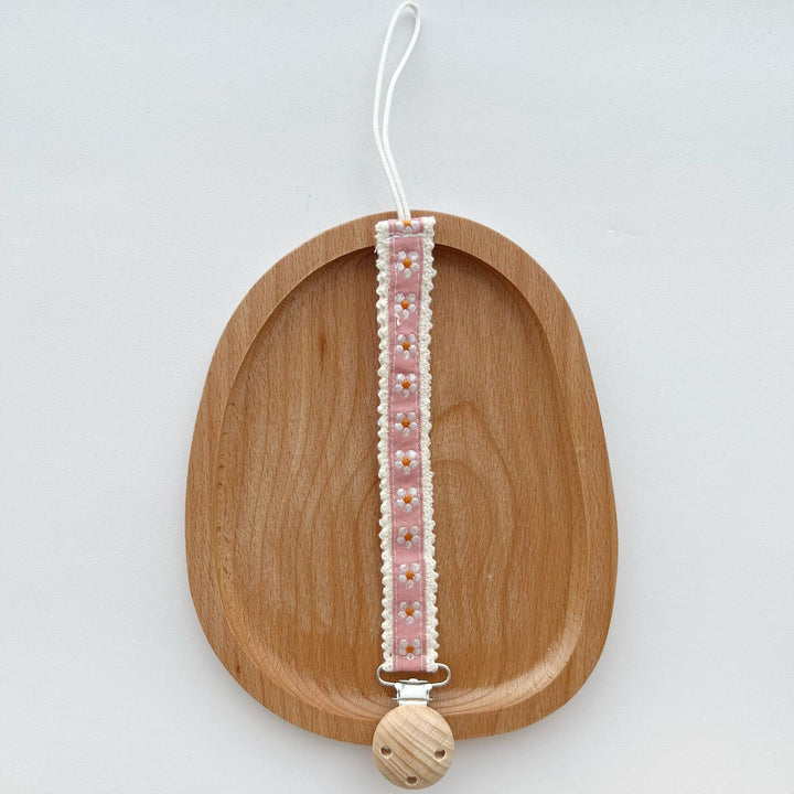 Floral Embroidered Lace Pacifier and Teether Wooden Clip