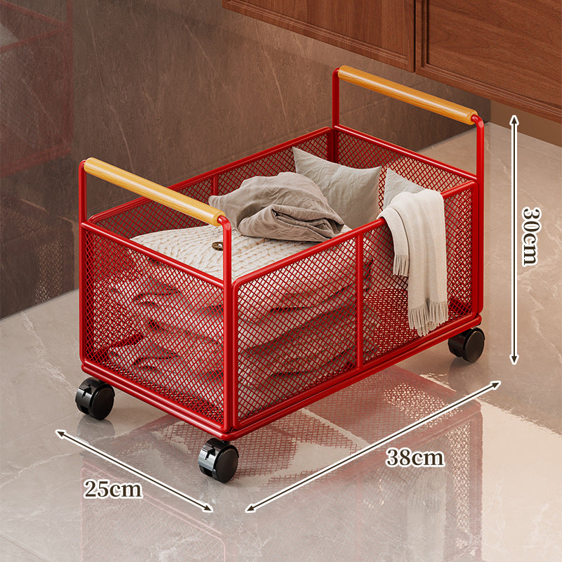 Freestanding Mesh Storage Crate with Wooden Grip Handles for Living Room and Laundry