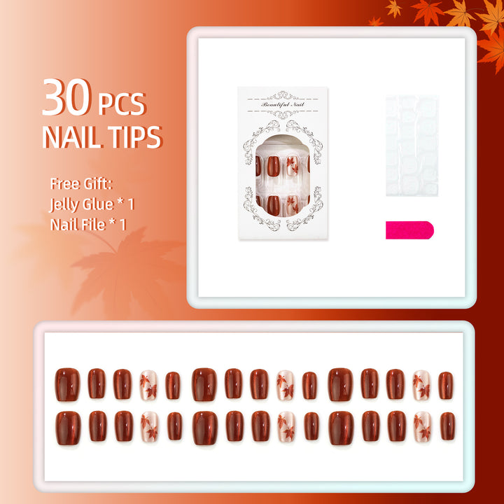 Manual Press-On Nail Set with Autumn Leaf Design