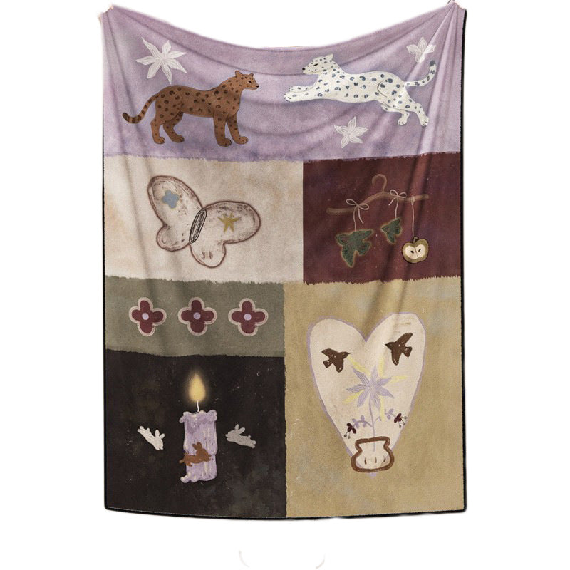 Patchwork Illustrated Plush Throw Blanket with Fleece Backing and Whimsical Animal Panels