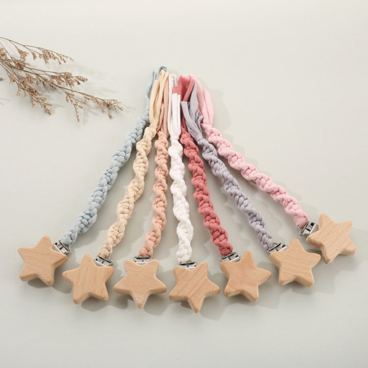 Wooden Star Pacifier Clip with Braided Cotton Strap