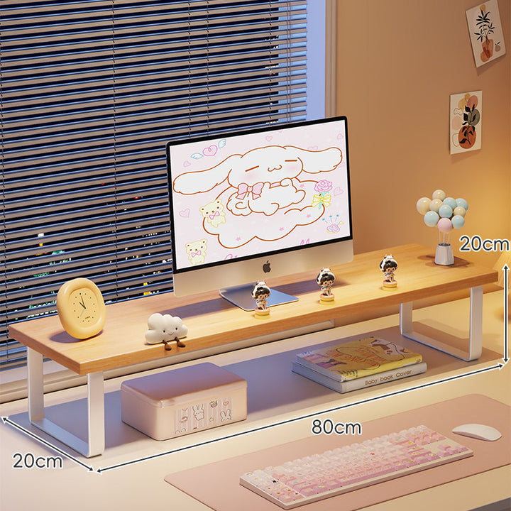 Elevated Monitor Riser Stand with Wood-Effect Top Metal Frame and Under-Shelf Storage
