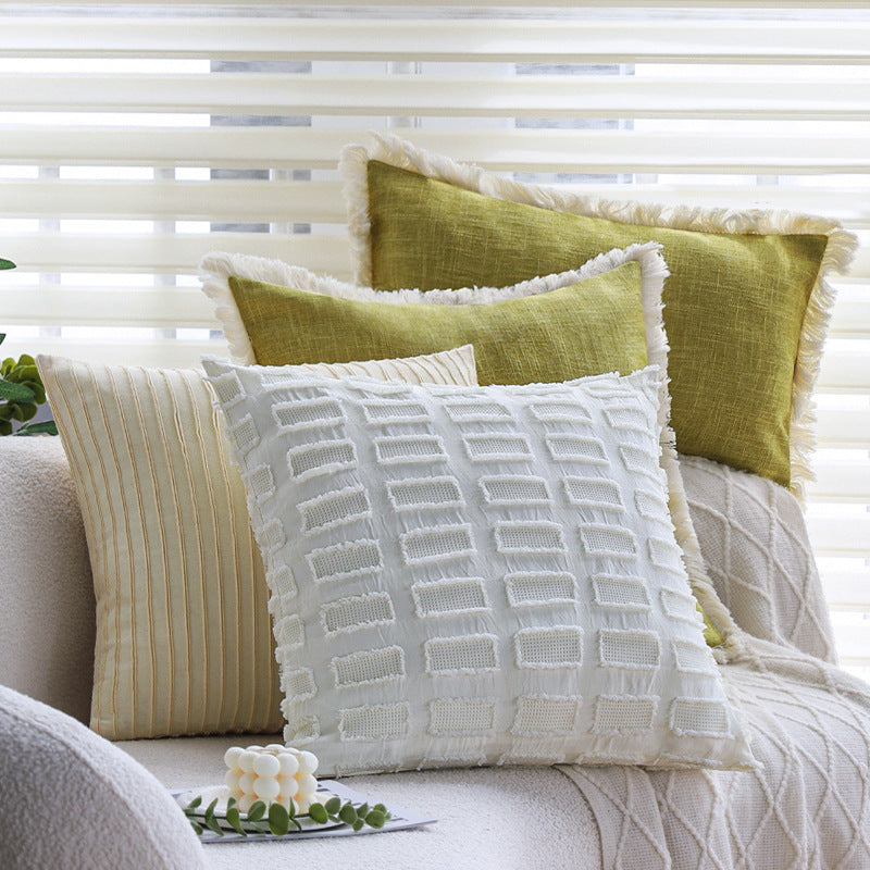 Rectangular cushion cover with woven linen look and decorative fringed edge Kalsten