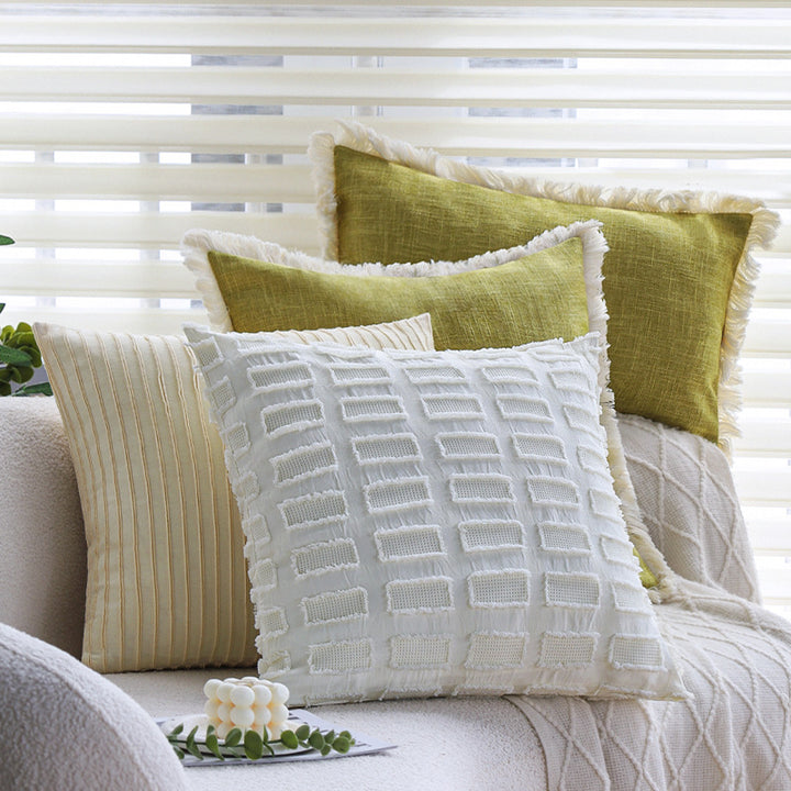 Rectangular cushion cover with woven linen look and decorative fringed edge Kalsten