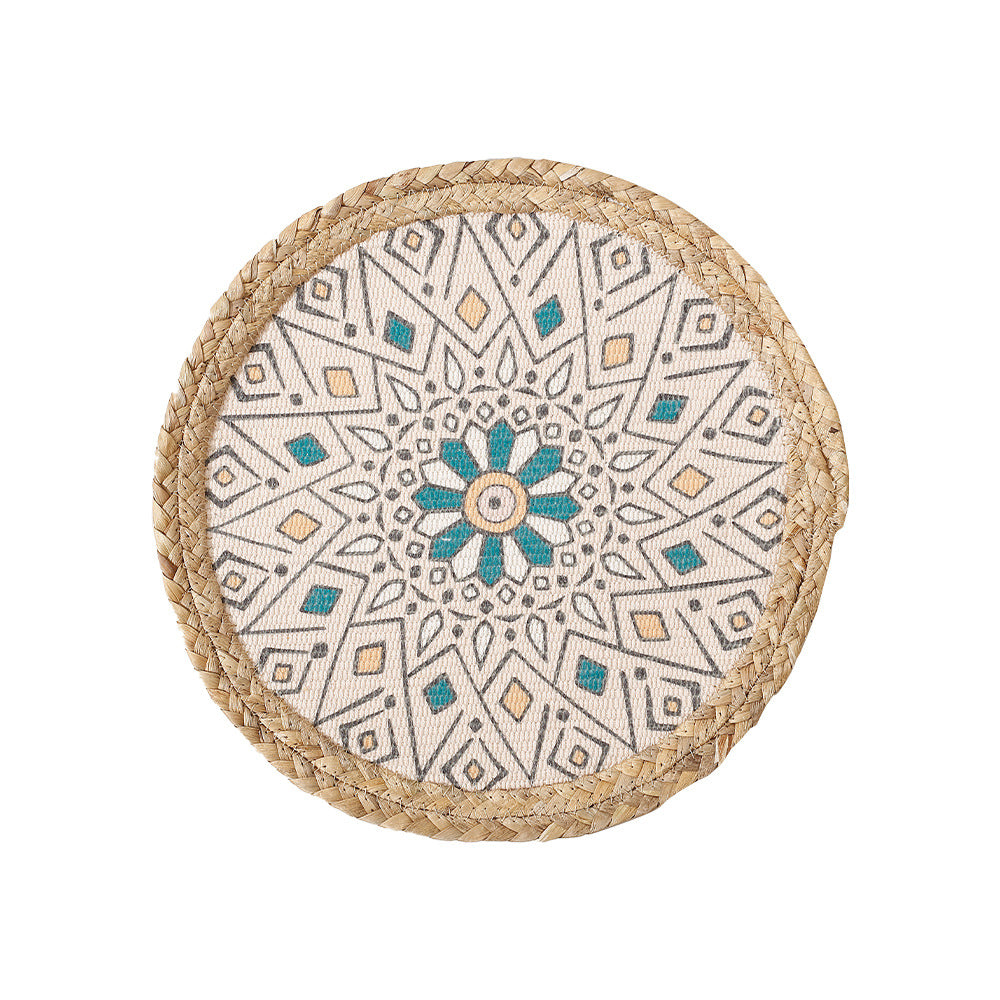 Round woven table mat made of jute with mandala cotton overlay Kalsten