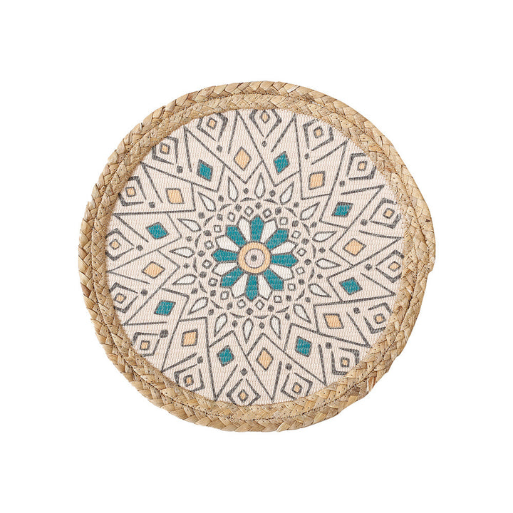 Round woven table mat made of jute with mandala cotton overlay Kalsten