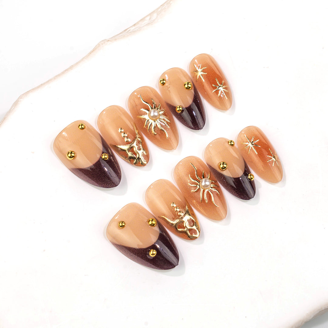 Artistic Stiletto Press-On Nail Art Set with Gold Accents Kalsten